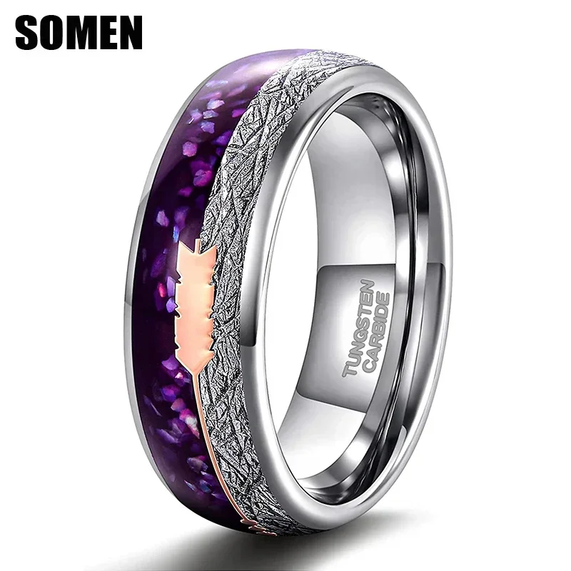 Kolmnste Tungsten Wedding Band Ring for Men Women Rose Gold Arrow Purple Agate & Meteorite Domed Engagement Rings High Polished