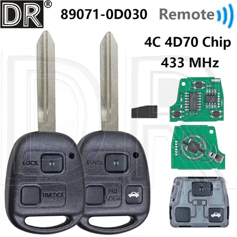 훌륭한 P/N:89071-0D030 433MHz 4C/4D70칩 VALEO 736716-A 자동차 리모컨 키 토요타 코롤라 야리스 아벤시스 아반자 2003-2012용