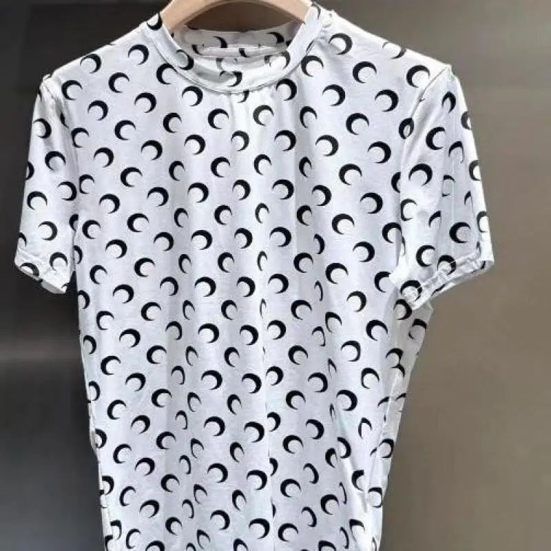 

American Sweet T-Shirt Women Y2K Style Spring New High Street Moon Print Stand Up Collar Short Sleeved Elastic Tops
