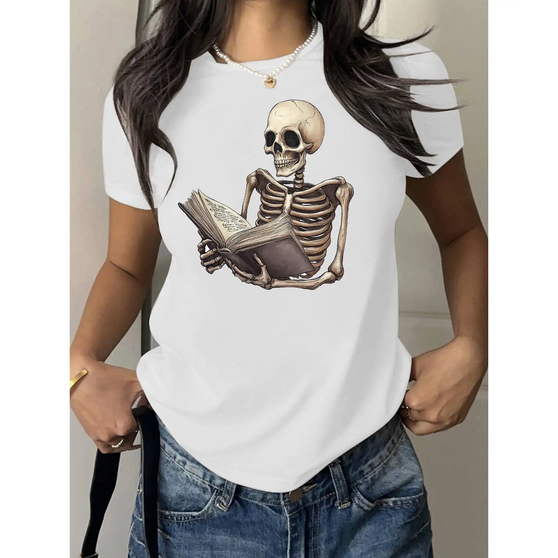 

Reading Skeleton T-shirt | Funny Reading Book Graphic Tee | Dark Academia Vintage Skull Top | Cool Streetwear Short Sleeve Shirt