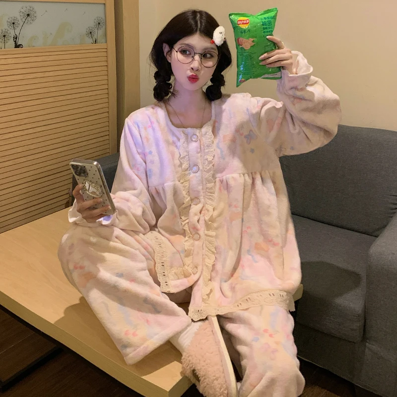 

Pajama Sets Woman Plus Size Women Christmas Painting Print Fleece Lined Long Sleeve Pockets Loungewear Full Length Festive Unise