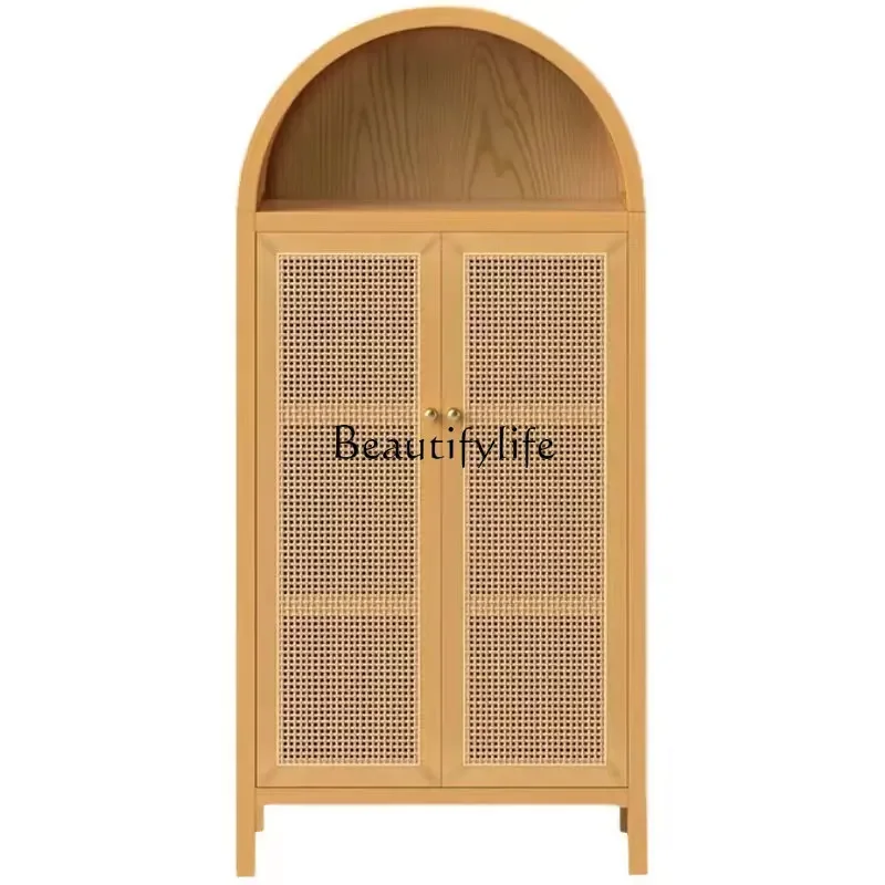 Simple Ash Bookcase Rattan Floor-Standing Decorations Cabinet Small Apartment Living Room Locker Arch Storage Cabinet