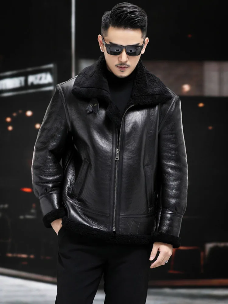 Luxury Men Genuine Sheepskin Shearing Coat Wool Liner Jacket for Male Motor Pilot Overcoat Thick Warm Winter Clothing Black 8XL