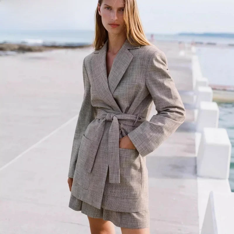 

Новое весеннее поступление, повседневный свободный женский костюм-джакет с поясом, плиссированные полоты Long Sve Commuter Sle Knot