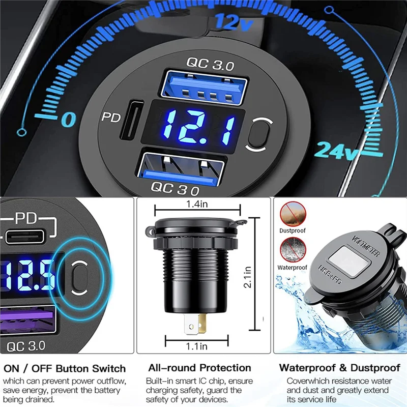 12V USB-Steckdose Dual-Schnell ladung mit Voltmeter und Netzschalter, Multifunktions-USB-Ladegerät Adapter für Auto Marine Truck