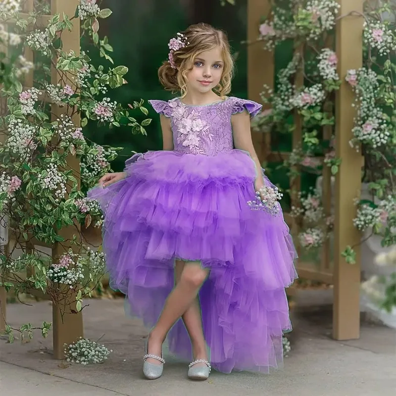 

Customized Flower Girl Dress Purple High-Low Crew Neck for Wedding Party Birthday Princess Tulle Gown
