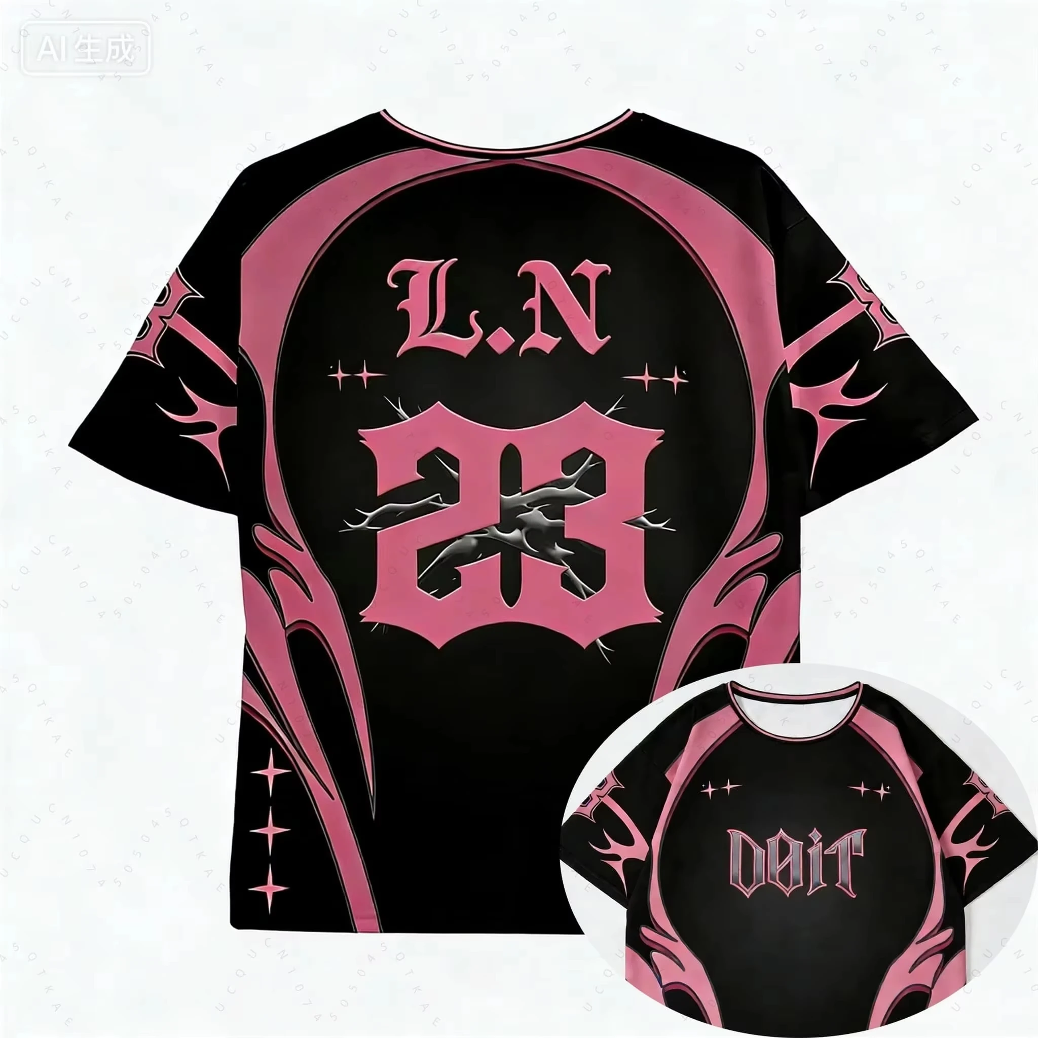 Familien-Matching-Changbin-Sporttrikot, schwarz-rosa Gothic-Dornenstern-Print, kurzärmeliges Mesh-Top für Erwachsene und Kinder, Kpop-Streetwear – Detail 6