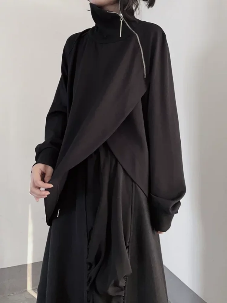 Japanese Harajuku style spicy girl Gothic side zipper high neck sweatshirt autumn and winter Y2K women's slit black loose top