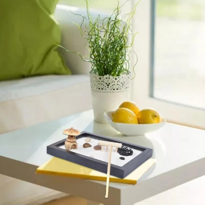 Japanese Garden for Desk 6x4 Inches Large Tray White Sand River Rocks Pebbles Rake Tools Set Office Table,New Year Gift