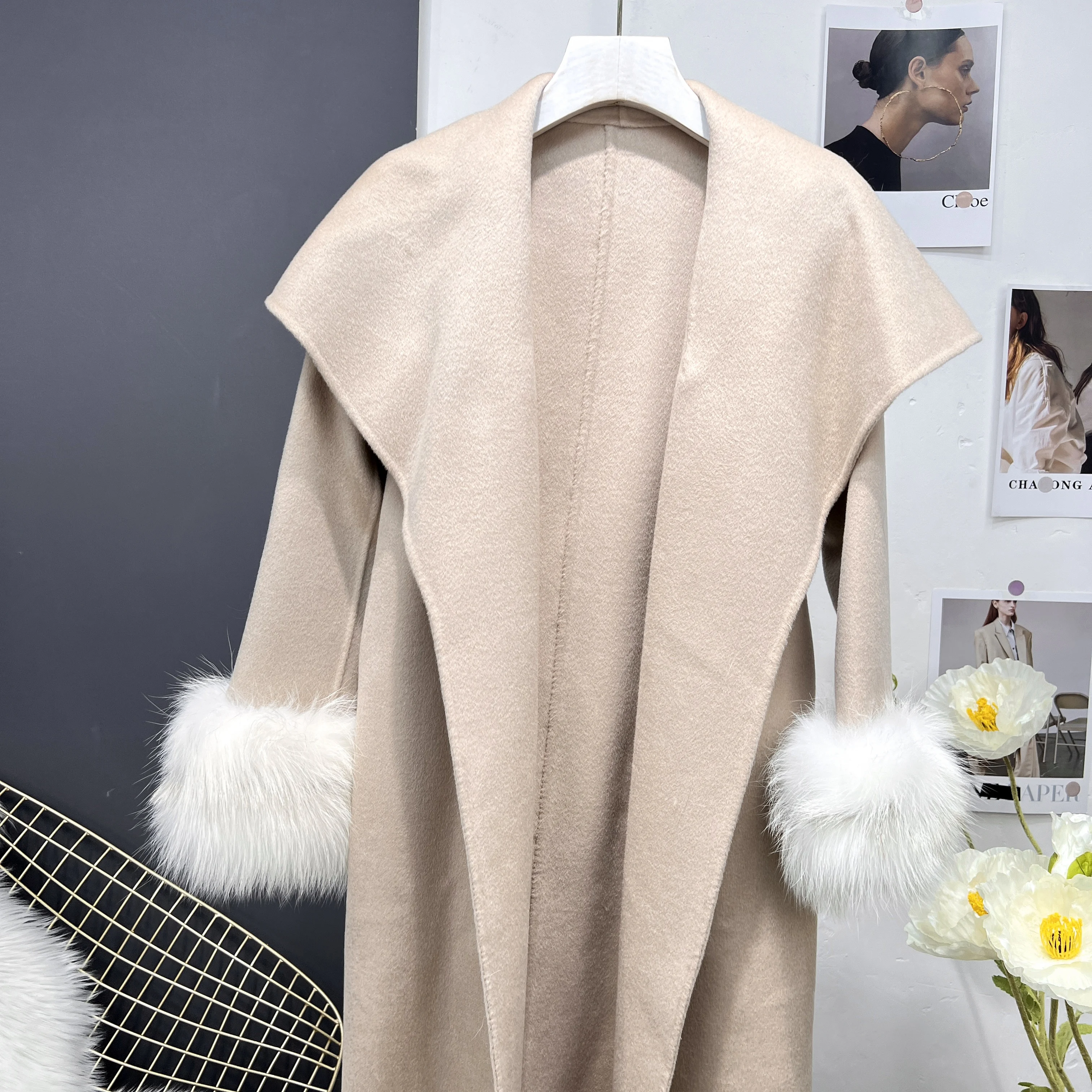 New Winter Coat Natural Fox Hair Sleeve Wool Coat Women'S Long Cashmere Reversible Coat Real Fur Grass Coat