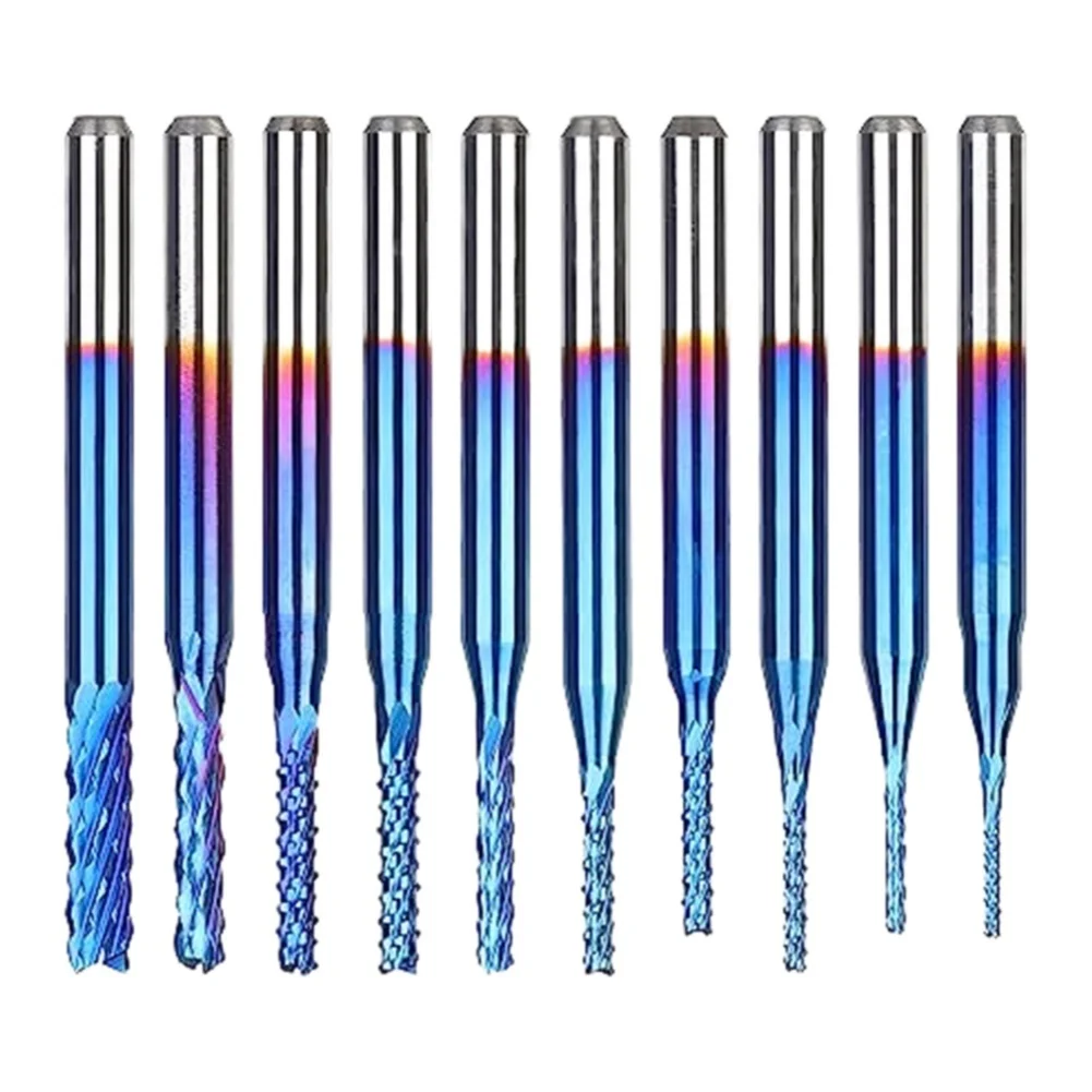 10Pcs For Nano Blue Coated For Carbide End Mill 0.8-3mm 1/8 Inch Shank CNC Router Bits Compatible With Metal PCB Carbon Fiber