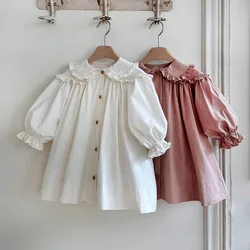2026 Spring New Children Long Sleeve Casual Dress Cotton Girls Cute Loose Puff Sleeve Dress Toddler Cardigan Dress Kids Clothes