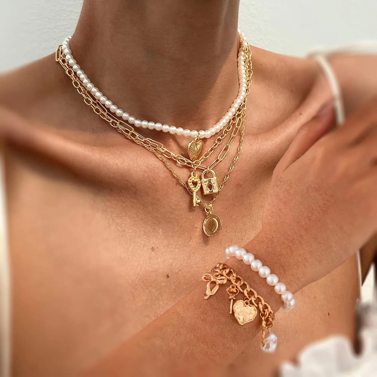Necklace Layered Heart Bow Faux Pearl Rose Pendant with Durable Silver Tone Clasp for Women Office Casual Refined Jewelry