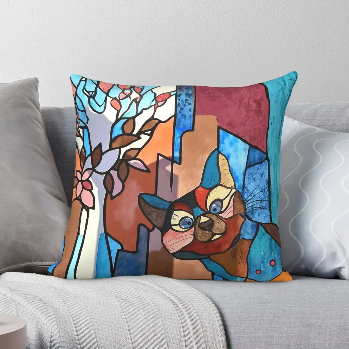 Clown Cat Stained Glass Square Pillowcase Polyester Linen Velvet Printed Zip Decorative Pillow Bed Cushion Cover Wholesale 45x45
