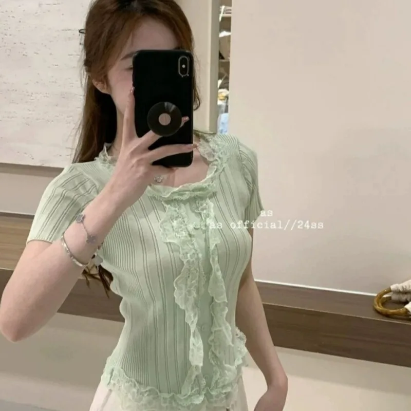 

Women's Mint Green Knit Top Short Sleeve Crew Neck Lace Trim Slim Fit Casual Top