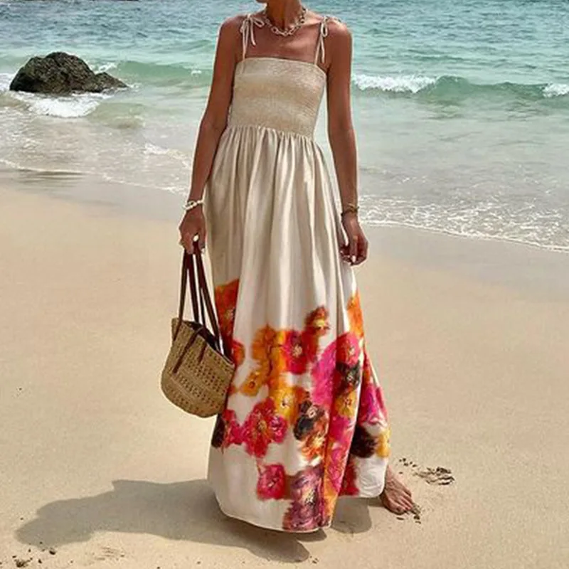 

Summer Sleeveless Women Backless High Waist Vacation A-line Dress Floral Long Slash Neck Spaghetti Strap Sundress