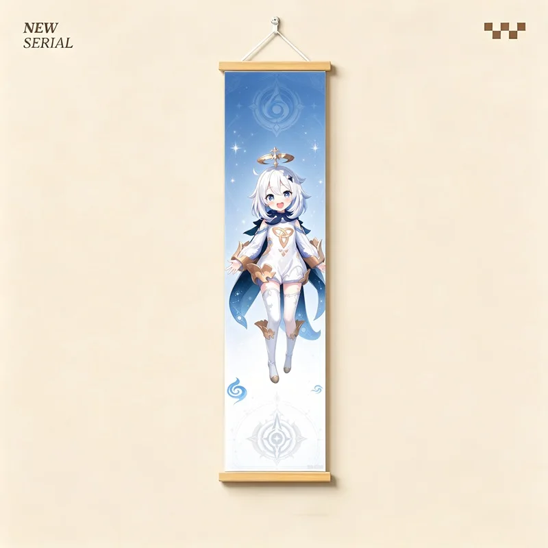 Hanging Scroll Wall Art of Genshin Impact Paimon with Blue Celestial Glow on Silver Shimmer Canvas for an Anime Bedroom