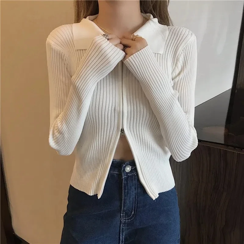 Double Zipper Cardigans Korean Fashion Sweater Woman Winter 2022 New Two Way Long Sleeve Knit Cardigan Top Coat Black Tricot Y2K