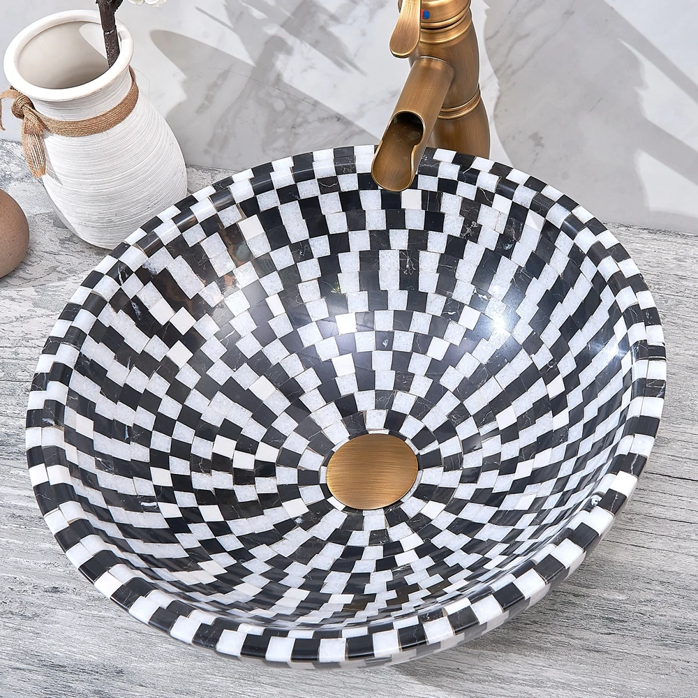 

%r Marble Stone Mosaic Sink Popular White and Black Stone Combination Counter Bathroom Sink Wash Basin Round Shape Basin Sink