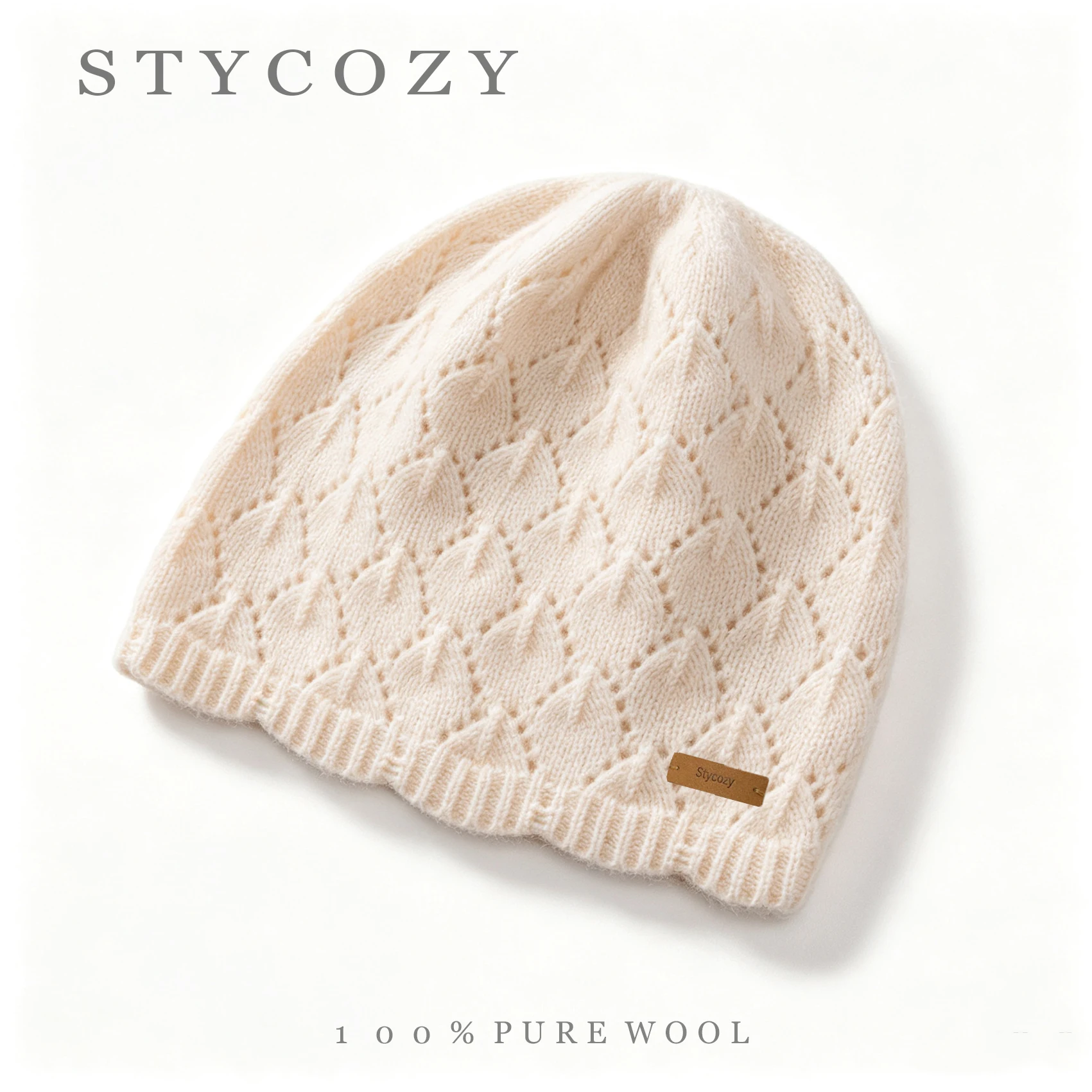 100% Wool Diamond Openwork Knit Beanies Hat Women/Men Solid Warm Knitted Skullies Winter Toque Unisex Causal Woolen Bonnet Cap