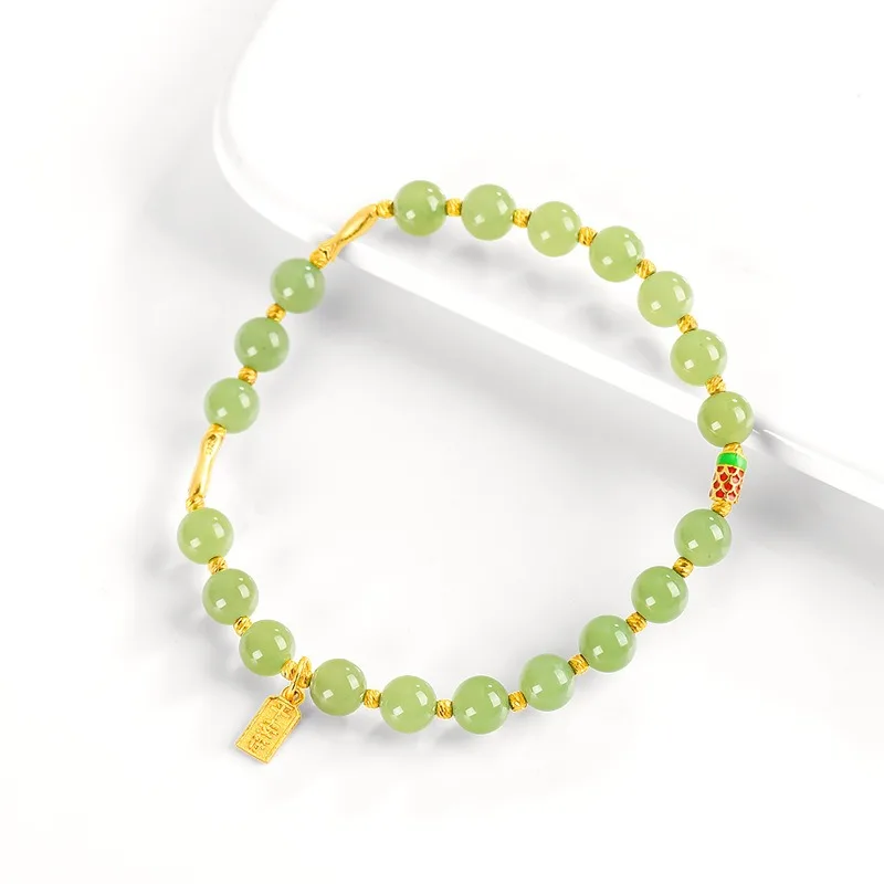 

TIMESWIND Natural Jade Green Beads S925 Silver Safety Square Pendant Women Bracelet with Certificate