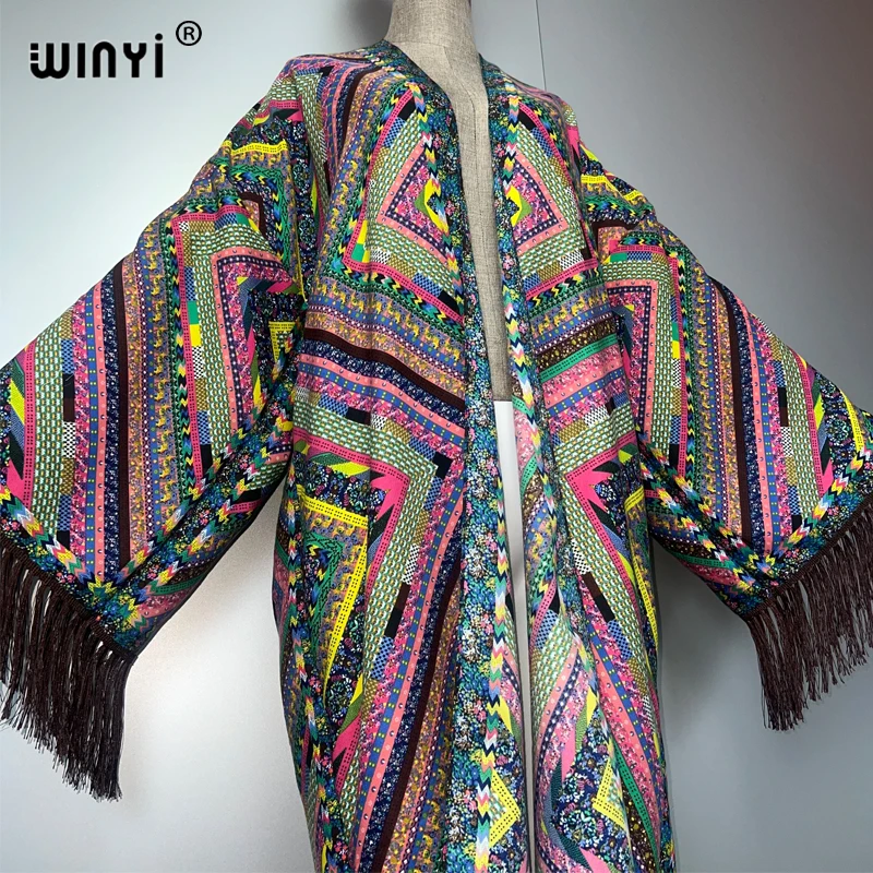 WINYI كيمونو الصيف بيكيني للشاطئ التستر مثير شرابة سترة عطلة كم طويل فستان ماكسي ملابس الشاطئ النساء 2025 المعطف معطف