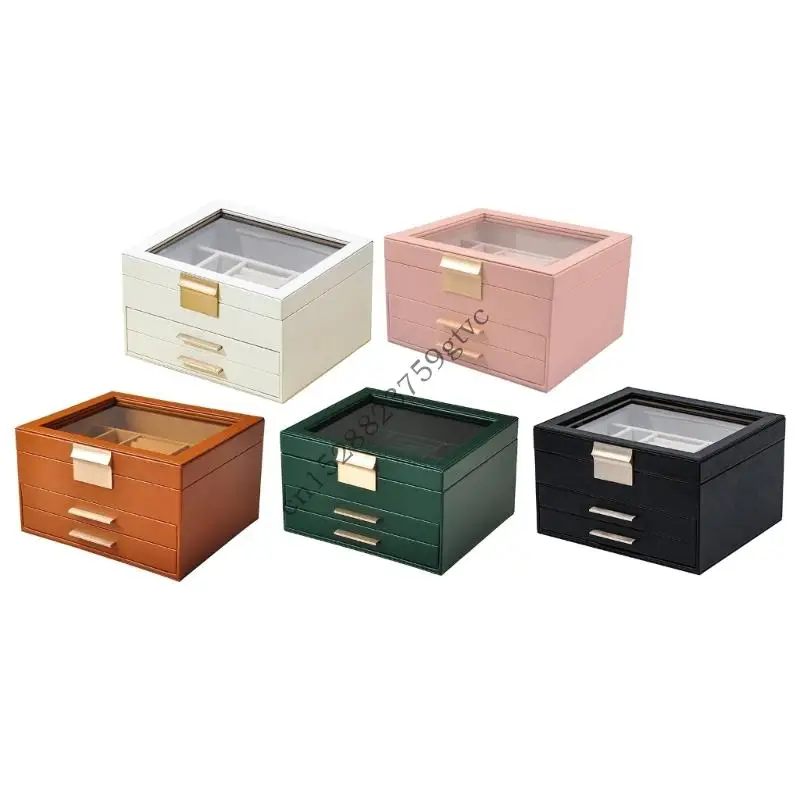 

D0UF трехслойный органайзер для ювелирных изделий с прозрачным верхним окном из искусственной кожи снаружи с золотыми акцентами,