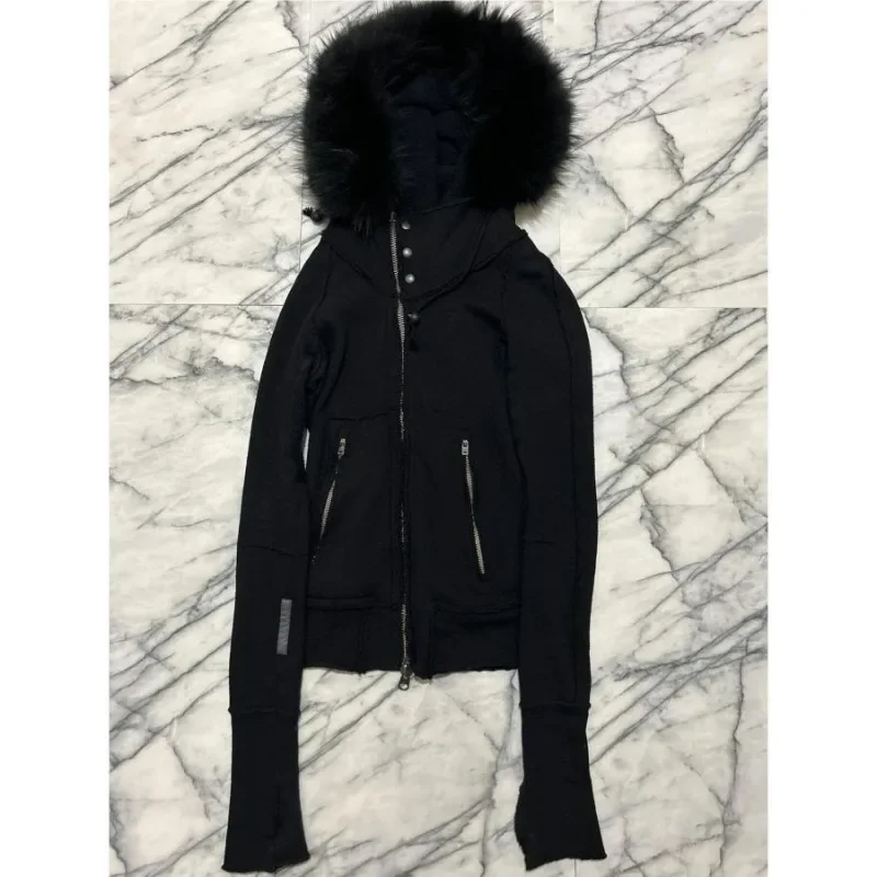 ญี่ปุ่นVINTAGE FUR Patchwork Hoodieเสื้อ 2025 All-Matchเสื้อสเวตเตอร์ถักสีดําผู้หญิงฤดูใบไม้ร่วงSlim Fitเสื้อแขนยาว