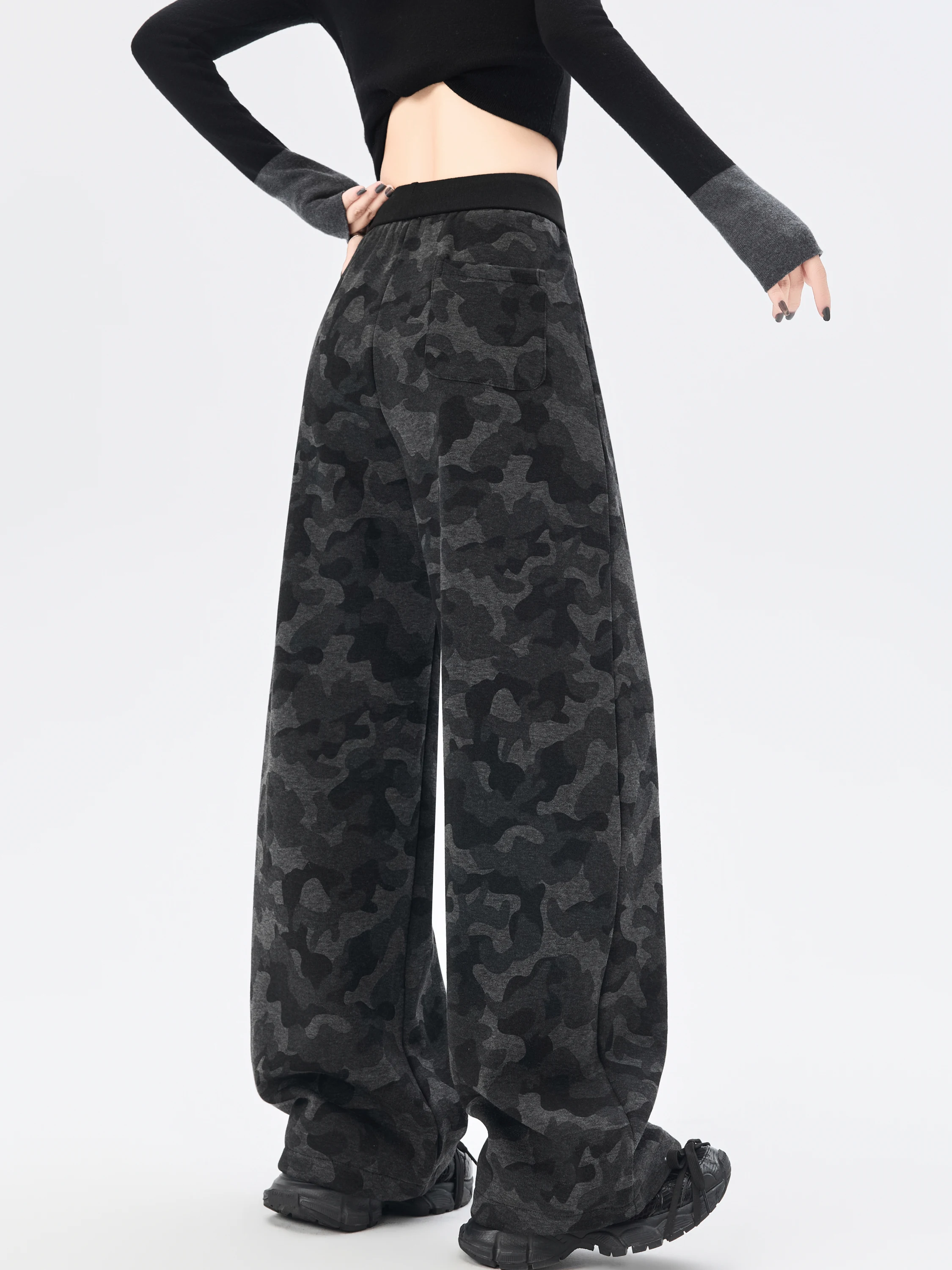 High Waist Fce Lined Thiened Camouflage Wide Leg Pants Women's Winter Loose Casual Sports Sweatpants Patchwork Floor-Len...