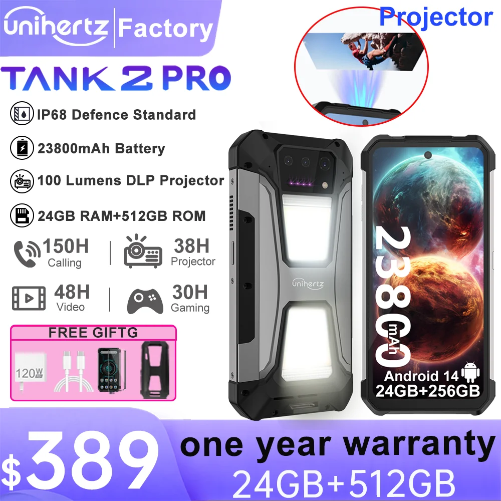 US MX Warehouse Unihertz 8849 Tank 2 PRO Rugged Smartphone with Projector, Android 14，24 + 256GB 23800mAh battery,120W charger