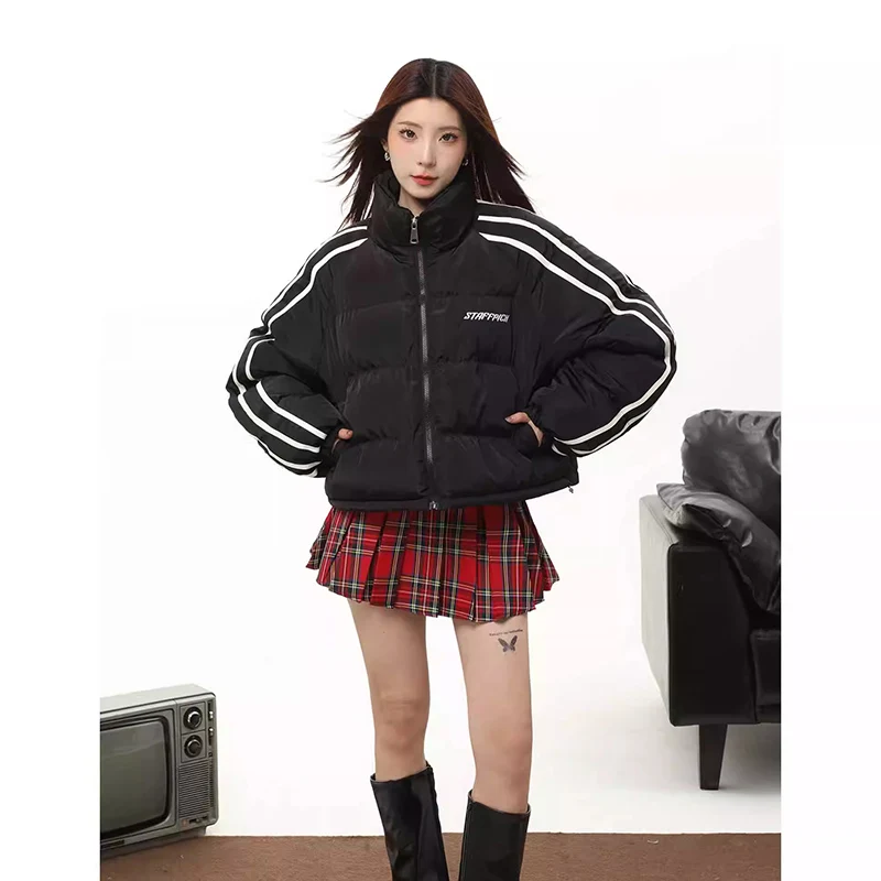 

American Style Black Standing Collar Bread Jacket Female Autumn and Winter Cotton-padded Loose Thickened Short Cotton Coat