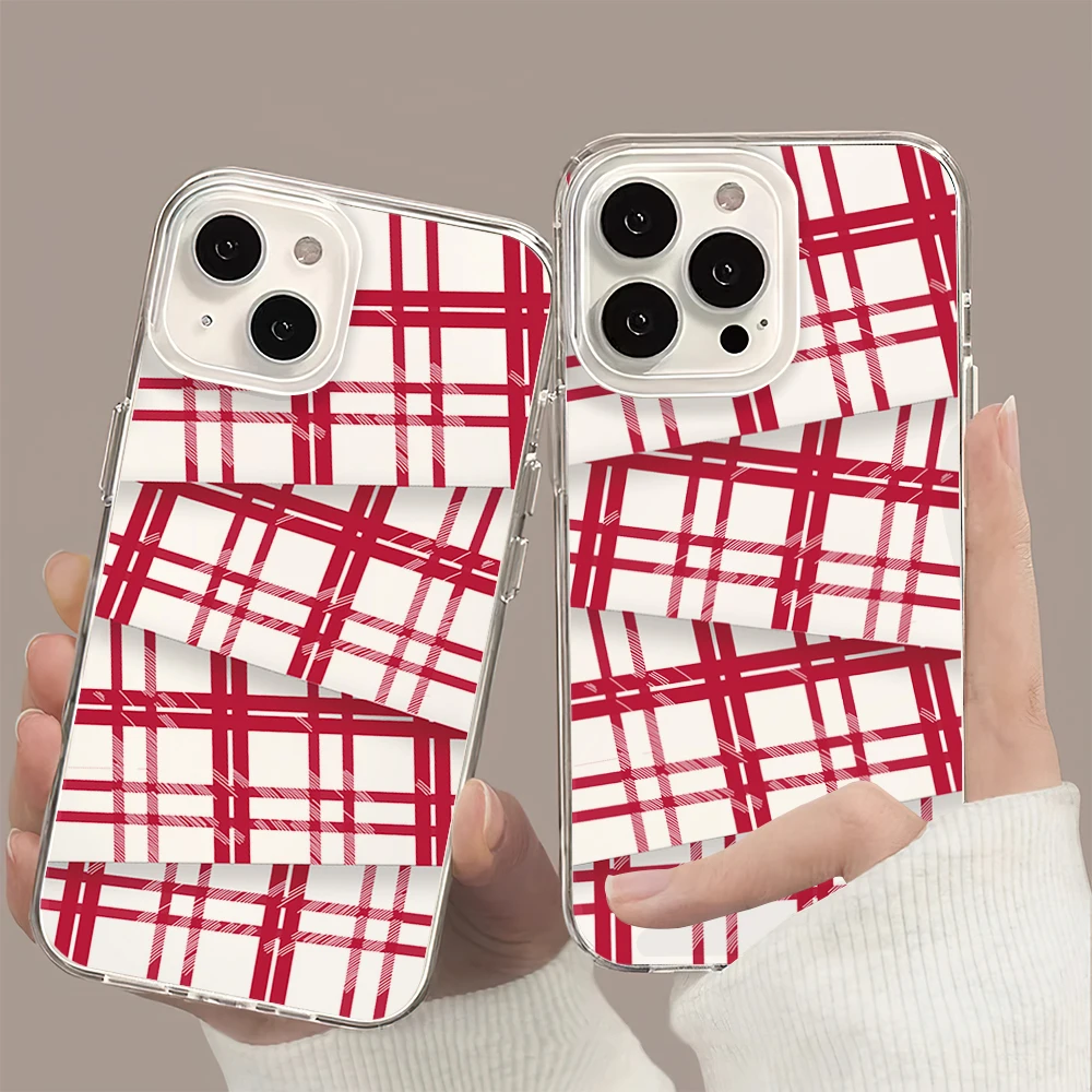 Fashion Red Grid Pattern Visual Error Phone Case For iPhone 11 13 16 15 14 12 Pro Max Plus Clear Transparent Soft Shell