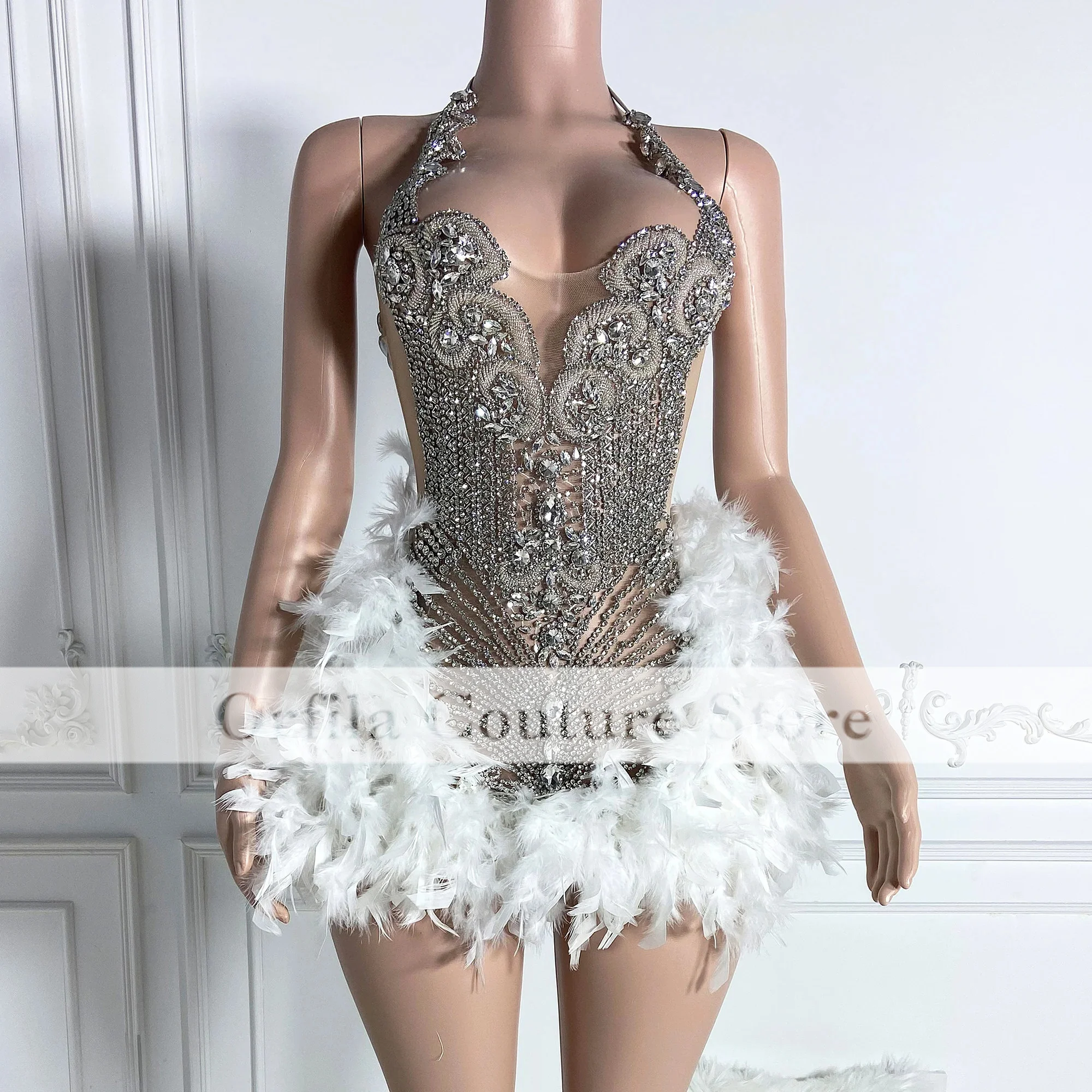 Sexy Black Girl Short Prom Dresses Customized Pink Halter Neck Silver Crystals Women Feather Cocktail Gowns For Birthday Party