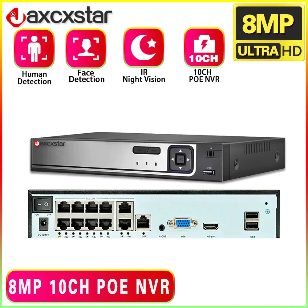 

10Ch POE NVR H.265 Xmeye 4K 8Channel Video Recorder With Face Detect Audio Onvif P2P For POE 8MP 5MP Surveillance IP Camera 8CH