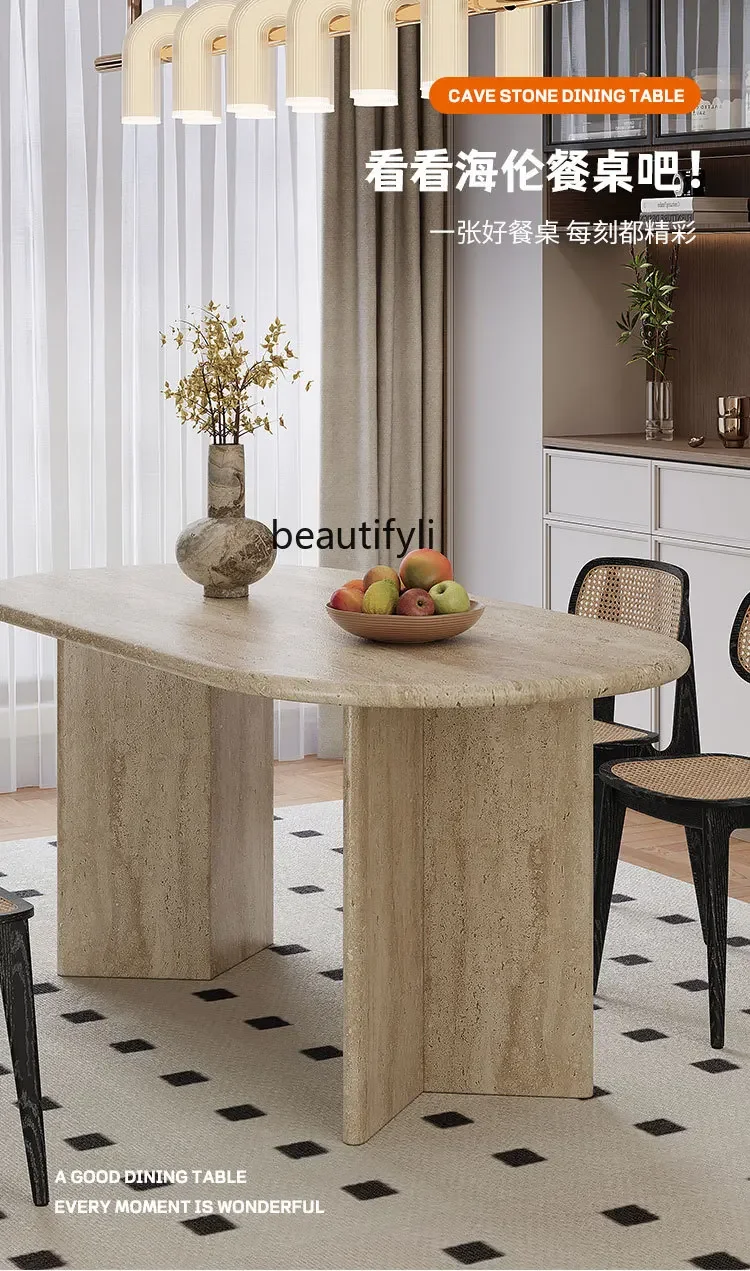 cc182Moderner einfacher ovaler Esstisch, Wohnzimmer, luxuriöser langer Steintisch für den Haushalt, hochwertiger Marmor aus Wabi-Sandy Travertin