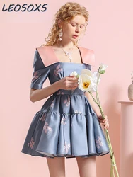 Hight Waist Dress Women's Clothing Special-Interest Design Chic Butterfly Print Contrast Color Square Collar Sweet Tutu Dresses