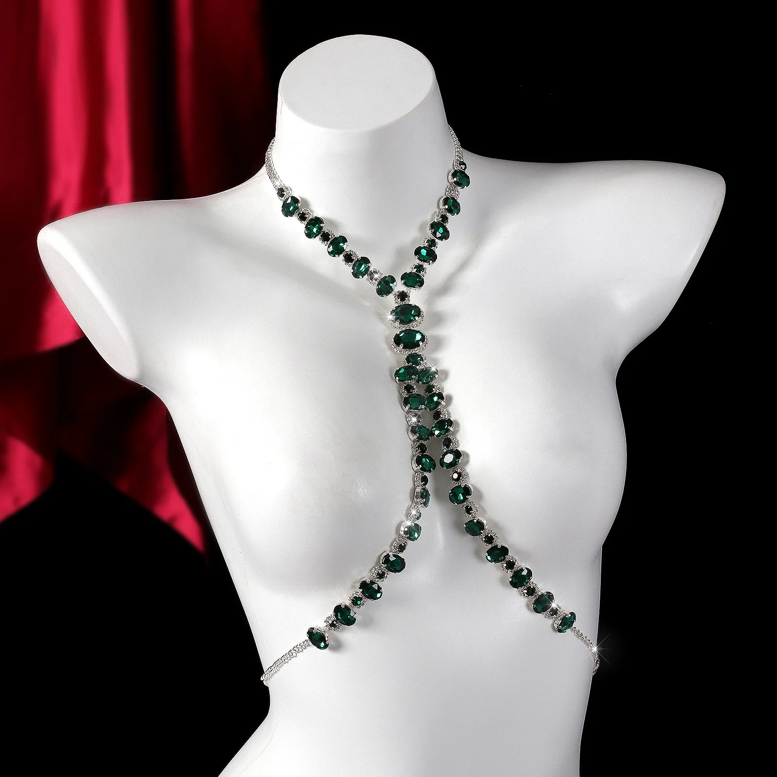 Men Shiny Big Crystal Chest Harness Necklace Sparkling Geometric Body Chain For Nightclub Party Stage Costume Open Shirt Jewelry