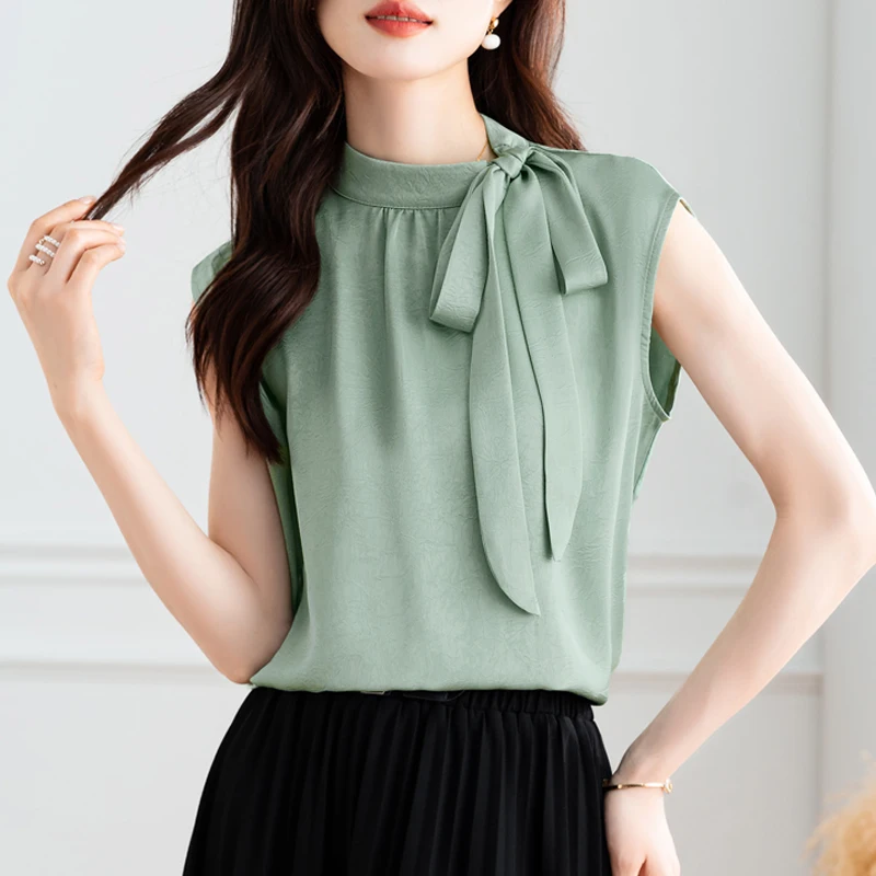 

2025 Summer Silk Satin Blouse Sleeveless Bow tie Women Vest Tops Solid Color Office Lady Shirt