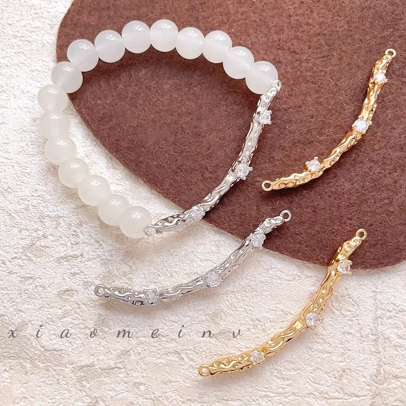 2pcs Copper Plated Gold Color Inlaid Zircon Irregular Half Bracelet Wavy Solid Curved Tube Diy Handmade Chain Accessory