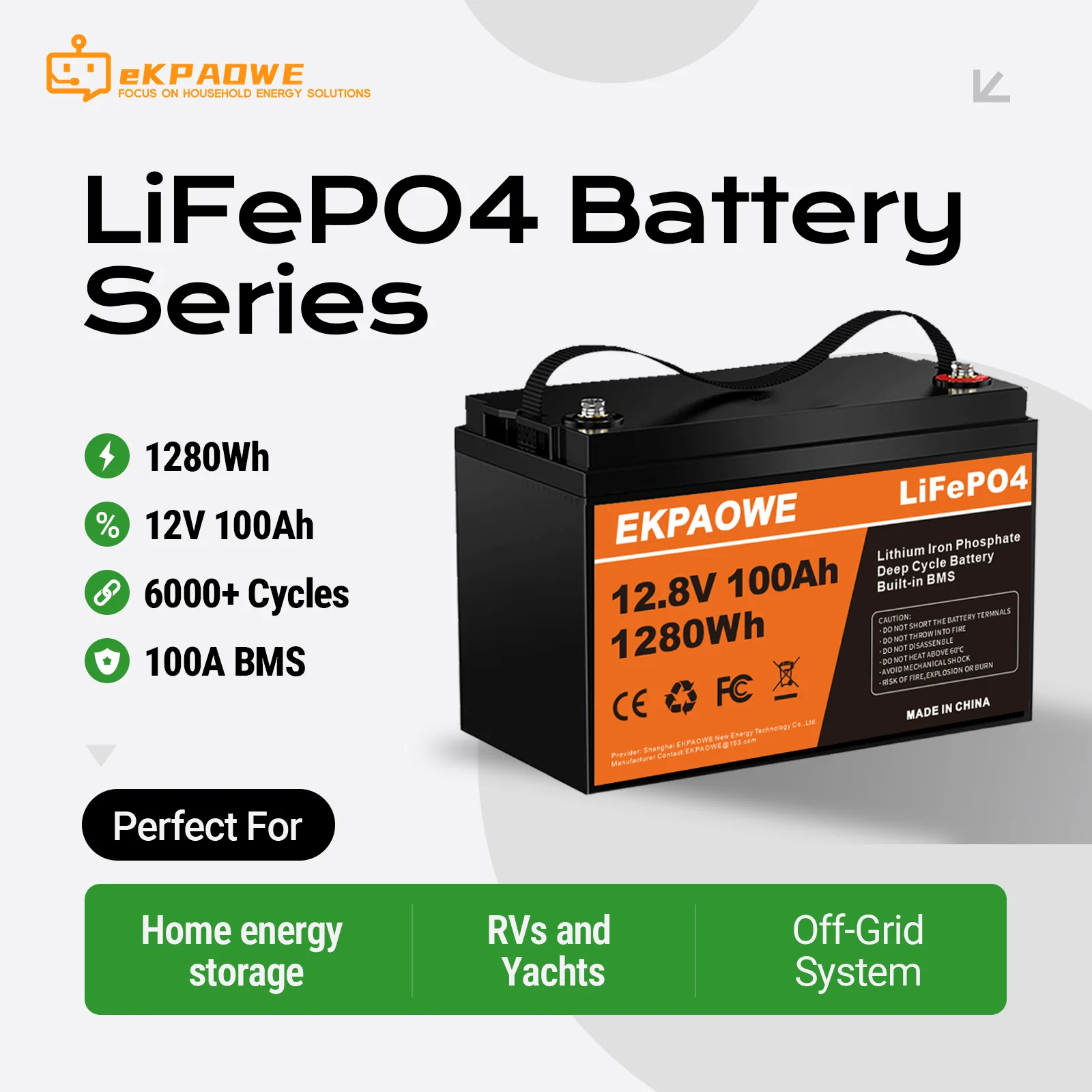 EKPAOWE Hochstrom-LiFePO4-Batterie 12V 24V 100Ah 314Ah Lange Lebensdauer Eingebautes BMS Unterstützt Serien- und Parallel-Batteriepacks Maximale Erweiterung auf 48V und 400Ah Lieferung nach Polen