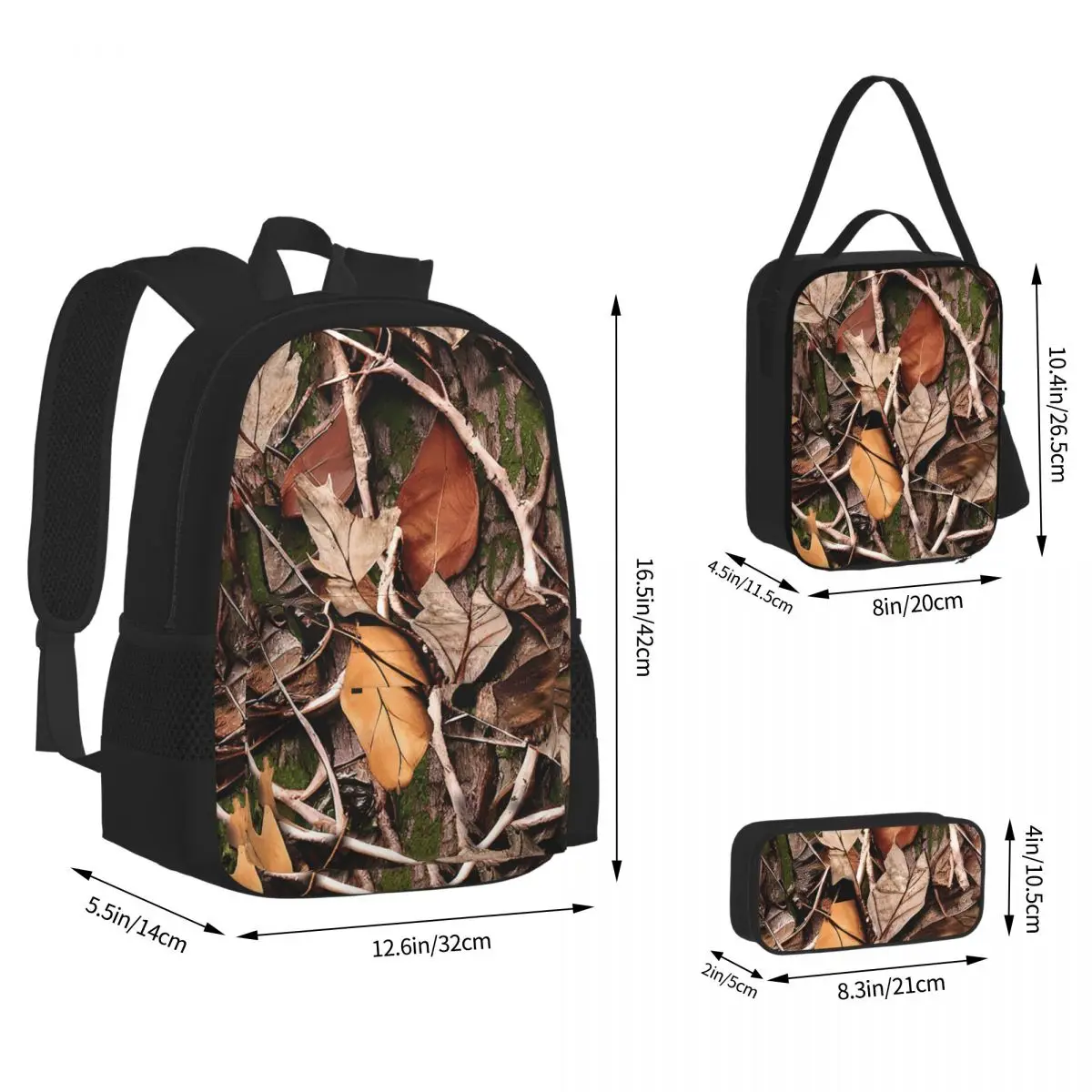 Leaves Sticks And Bark Camoflouge Backpacks Bookbag Children School Bags Kids Rucksack Lunch Bag Pen Bag Three-Piece Set