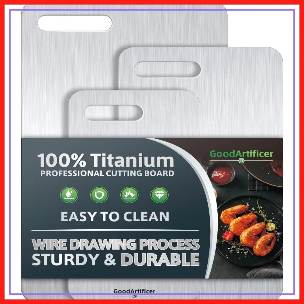 

100% Pure Titanium Cutting Boards Set of 3, Double-Sided Non-Toxic, Dishwasher Safe with Handle
