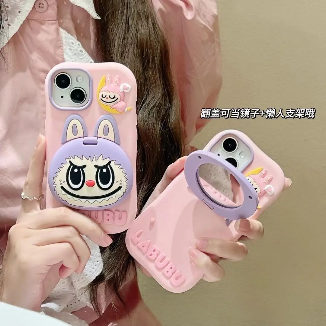 

Labubu Cell Phone Case For IPhone 15 14 13 12 11 Pro Max Silicone Soft Back Cover Y2K Cartoon Phone Case with Mirror and Holder