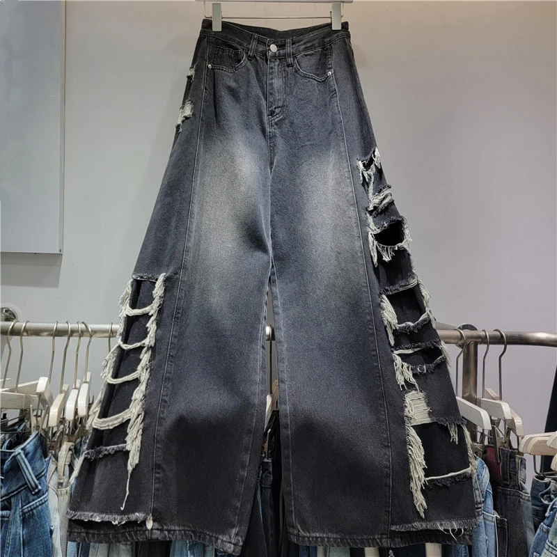 DEAT Women Jeans High Waist Washed Distressed Broken Holes Straight Wide Leg Tassel Denim Pants 2024 New Fashion Winter 29L8991