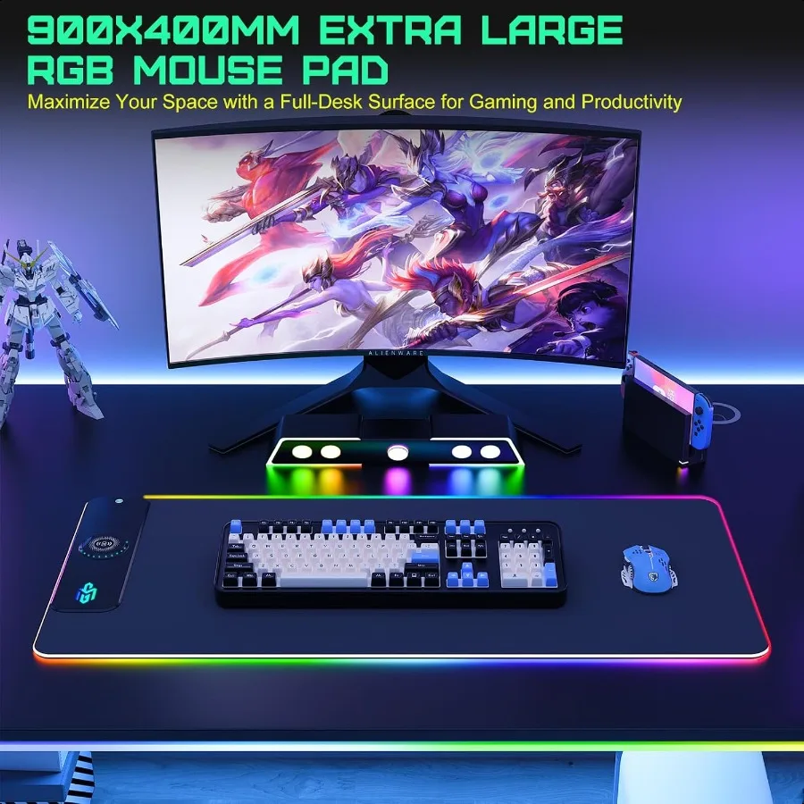 شحن لاسلكي RGB لوحة ماوس الألعاب 15 واط LED ماوس حصيرة 900x400x4 مللي متر 10 طرق الضوء اضافية كبيرة ماوس قاعدة مطاطية غير قابلة للانزلاق Compu