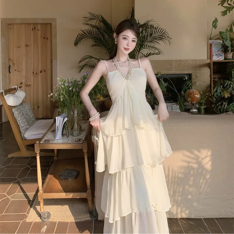 Style français doux Style col licou robe 2025 été bord de mer vacances multicouche à volants ourlet Boho longue robe de plage