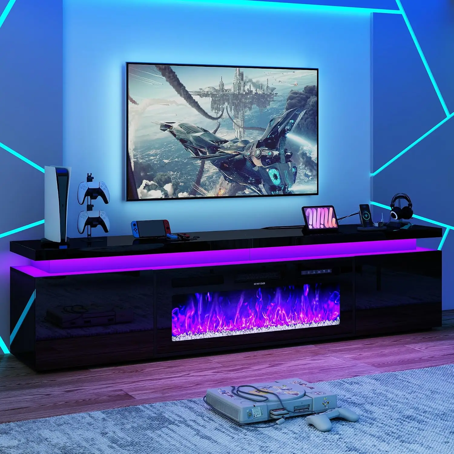 LED TV Stand with Electric Fireplace & Power Outlet, High Gloss Storage Cabinet for Living Room 83 Inch Black, Customized