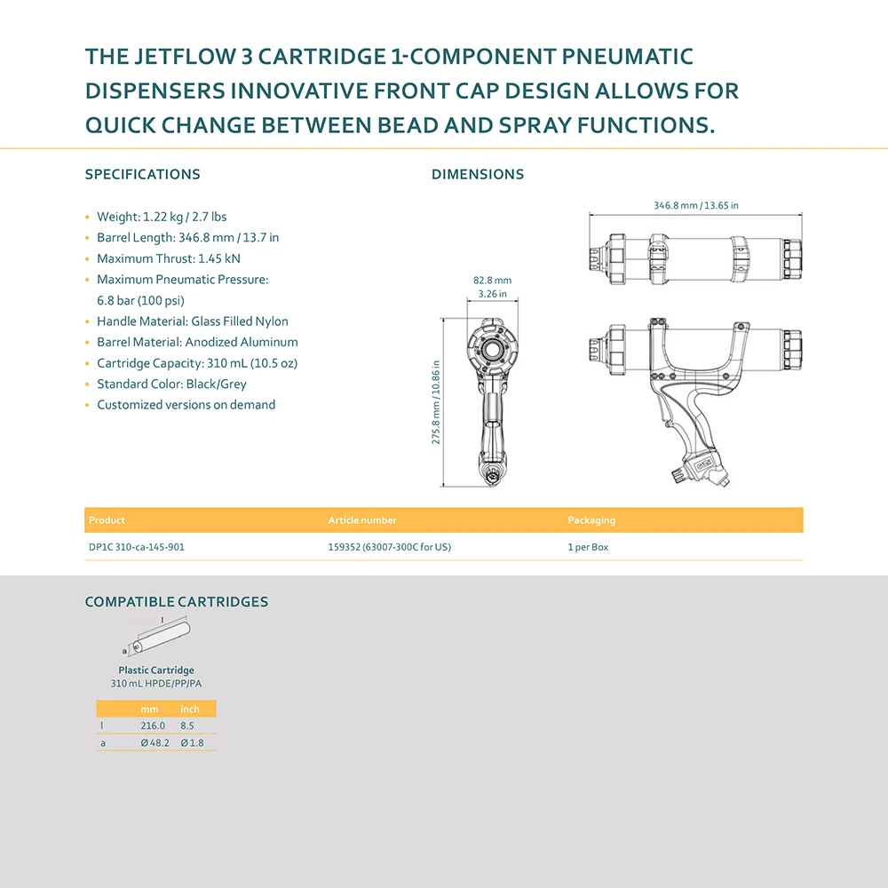 Jetflow 3 Cartridge Een 1-Component Pneumatische Kraal En Spray Dispenser Voor 310Ml Cartridges Besparen Druk Industriële Gun cartridge