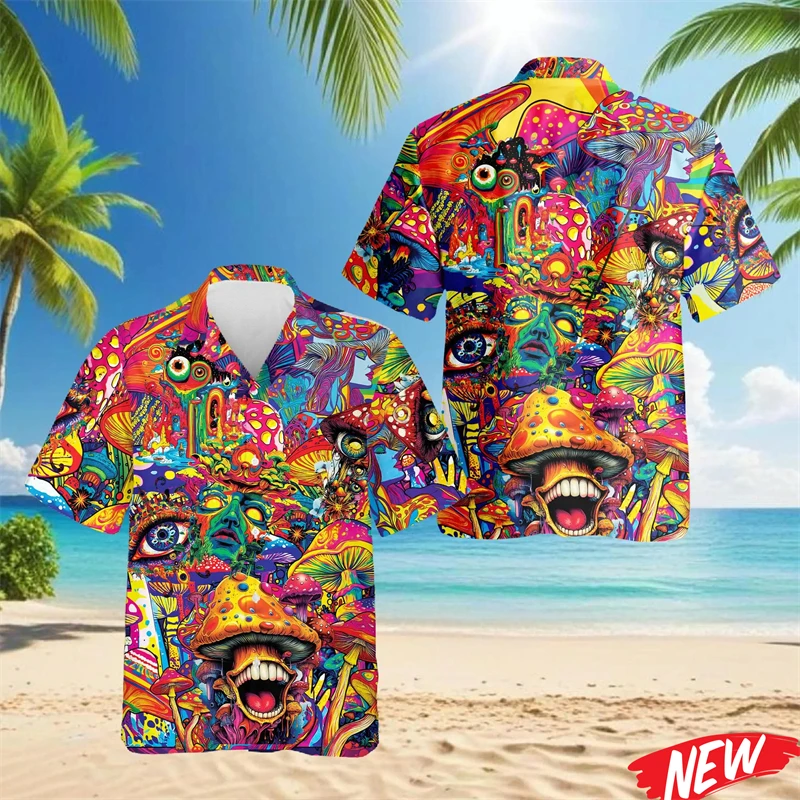 

Colorful Mushroom Hawaiian Shirt Men Vacation Beach Short Sleeve Button Shirts Street Party 3d Printed Plants Lapel Blouse