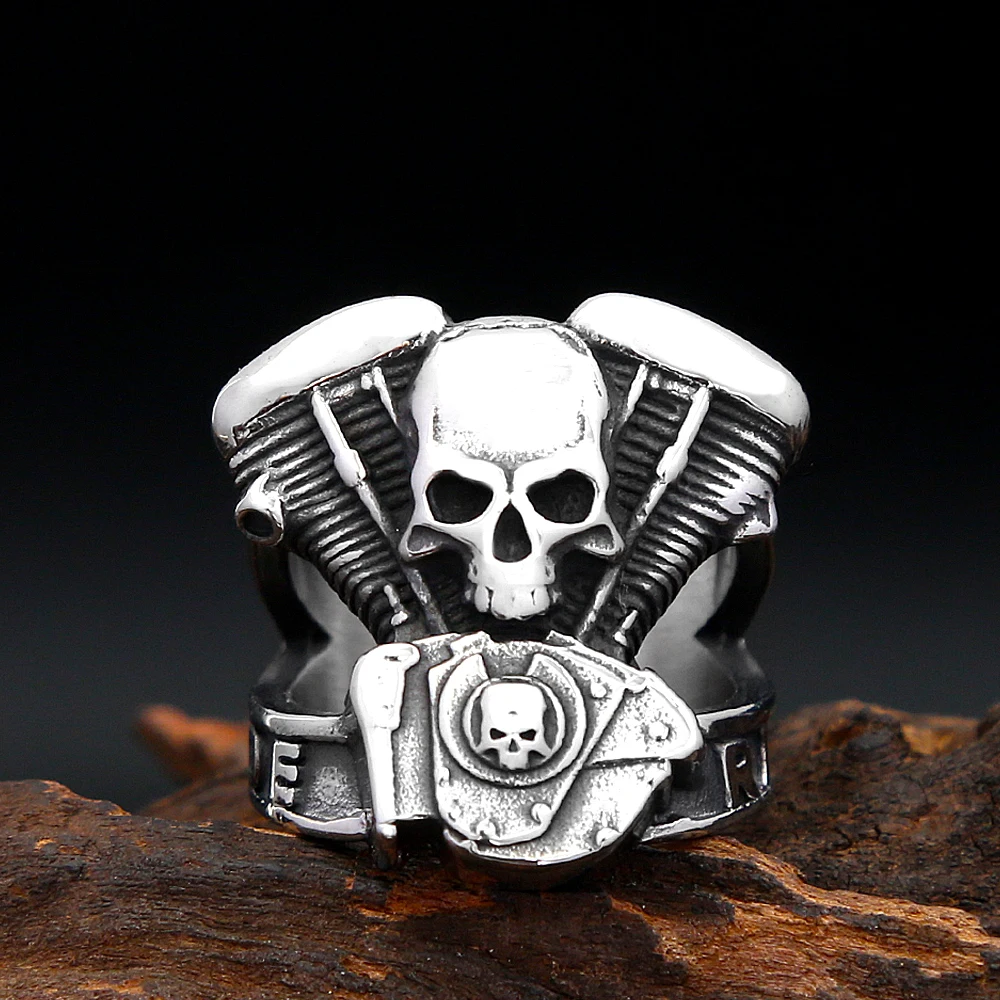 Fashion Motorcycle Engine Punk Skull Ring Stainless Steel Gothic Biker Ring For Men Unique Vintage Jewelry Gifts Dropshipping